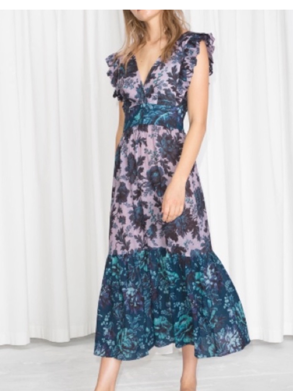 House of Hackney Floral V-Neck Ruffle Maxi Dress linen blend